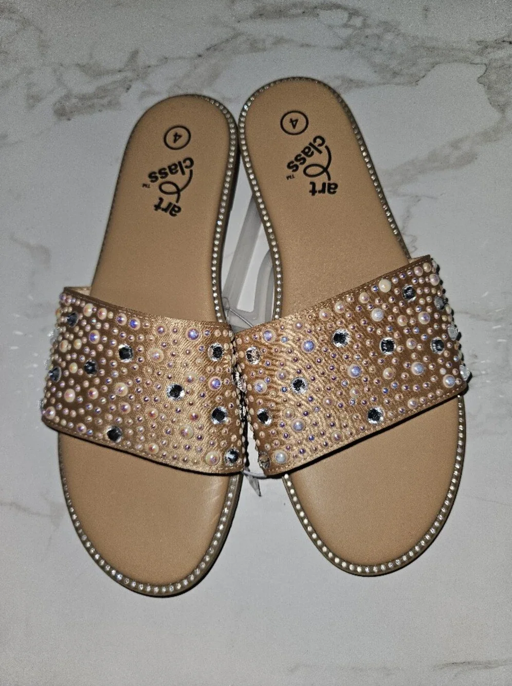 art class Rhinestone Embellished Tan Slide Sandals - Tan